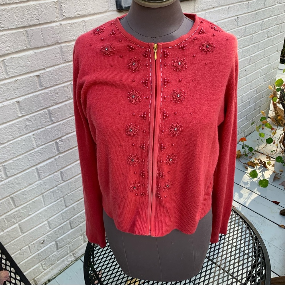 Evan Picone Embroidered Zip Up Cardigan L